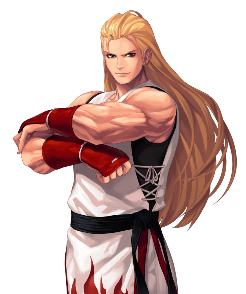 1boy andy_bogard bare_shoulders belt biceps black_belt blonde_hair blue_eyes closed_mouth commentary_request cowboy_shot dougi evilgun fatal_fury fingerless_gloves fingernails flame_print gloves hair_slicked_back highres lips long_hair looking_at_viewer male_focus muscular muscular_male pants red_gloves simple_background sleeveless smile solo standing the_king_of_fighters the_king_of_fighters_'97 very_long_hair white_background white_pants