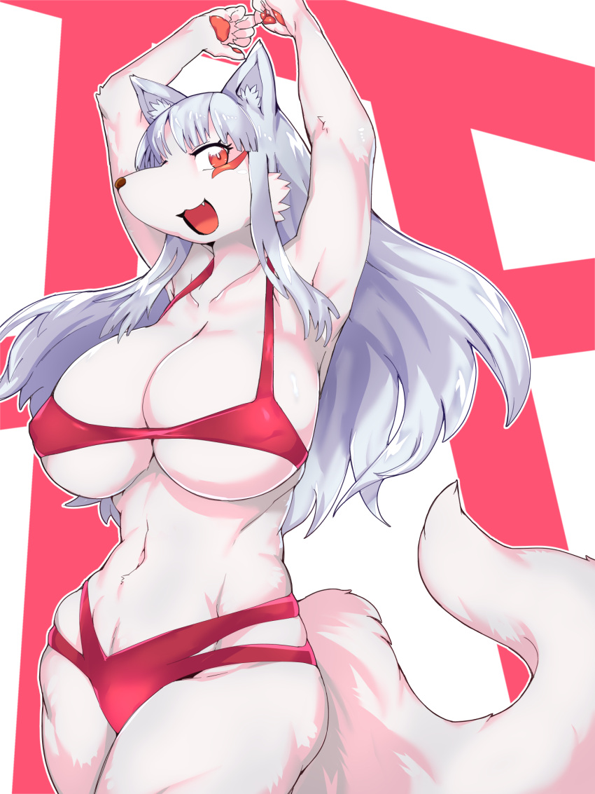 2021 5_fingers anthro big_breasts bikini bottomwear breasts brown_nose canid canine cheek_tuft claws clothed clothing cute_fangs facial_markings facial_tuft female fingers fluffy fluffy_tail fox fur grey_body grey_fur hair happy head_markings hi_res high_school_inari_tamamo-chan huge_breasts inner_ear_fluff kemono long_hair looking_at_viewer mammal markings navel nipple_outline open_mouth open_smile pawpads portrait raised_arm red_eyes silver_hair smile solo swimwear sya tamamo-chan's_a_fox tamamo_fushimi three-quarter_portrait tongue topwear tuft white_body white_fur