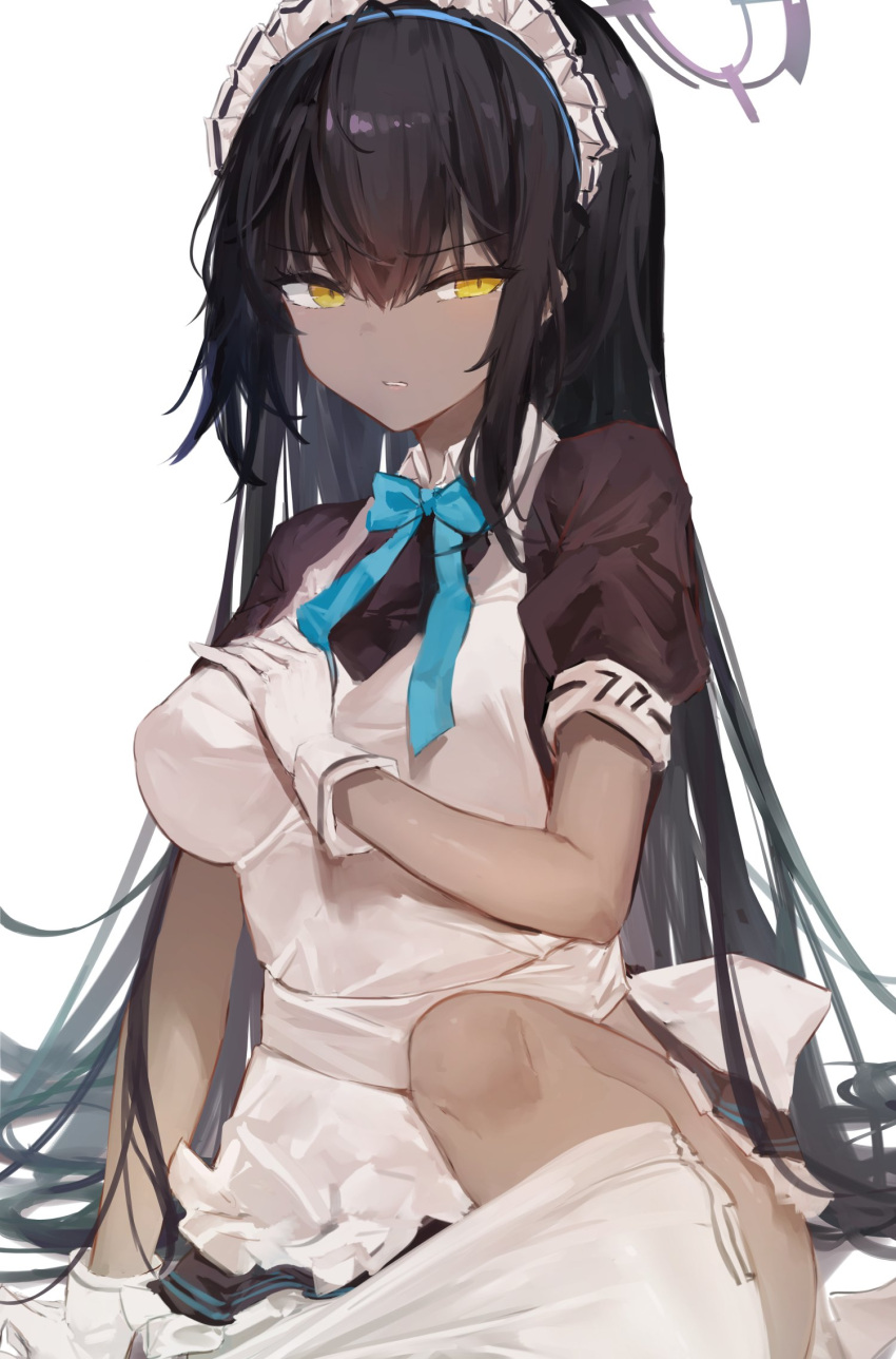 1girl 7gao apron bangs black_hair blue_archive blue_neckwear blush bow bowtie breasts cowboy_shot dark_skin dark_skinned_female gloves hair_between_eyes halo highres karin_(blue_archive) large_breasts long_hair looking_to_the_side maid maid_headdress pantyhose pantyhose_pull puffy_short_sleeves puffy_sleeves short_sleeves simple_background solo thighs very_long_hair white_apron white_background white_gloves white_legwear yellow_eyes