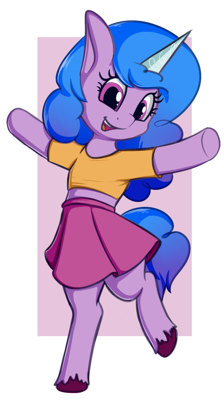 2d_(artwork) andelai blue_hair bottomwear clothed clothing equid equine female hair hasbro hi_res horn izzy_moonbow_(mlp) mammal my_little_pony purple_body purple_eyes shirt skirt solo topwear unicorn