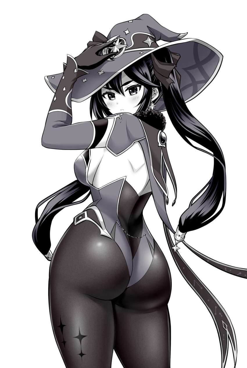 1girl arm_up ass black_legwear blush bow breasts cape earrings from_behind fur_trim genshin_impact gloves greyscale hair_bow hair_ornament hand_on_headwear hat highres jewelry kanno_takanori large_breasts leotard looking_back mona_(genshin_impact) monochrome pantyhose sideboob simple_background solo twintails white_background witch_hat