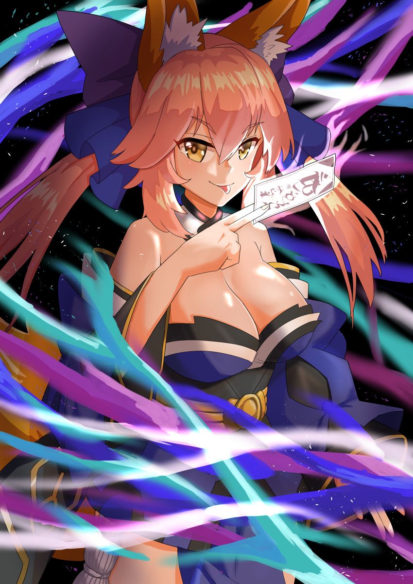 1girl absurdres animal_ear_fluff animal_ears artist_request bare_shoulders blue_kimono blue_ribbon breasts cleavage detached_sleeves eyebrows_visible_through_hair fate/extella fate/extra fate/grand_order fate_(series) fox_ears fox_girl fox_tail hair_ribbon highres japanese_clothes kimono large_breasts looking_at_viewer pink_hair ribbon shiny shiny_skin solo tail tamamo_(fate)_(all) tamamo_no_mae_(fate) tongue yellow_eyes