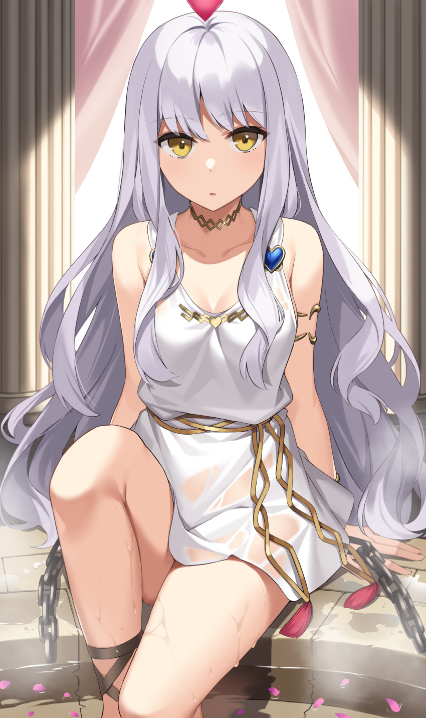1girl absurdres armlet bangs bare_shoulders breasts caren_hortensia caren_hortensia_(amor_caren) chain collarbone dress fate/grand_order fate_(series) heart highres jewelry long_hair looking_at_viewer medium_breasts neck_ring open_mouth pillar short_dress sitting soaking_feet suiroh_(shideoukami) thighs water wavy_hair white_dress white_hair yellow_eyes