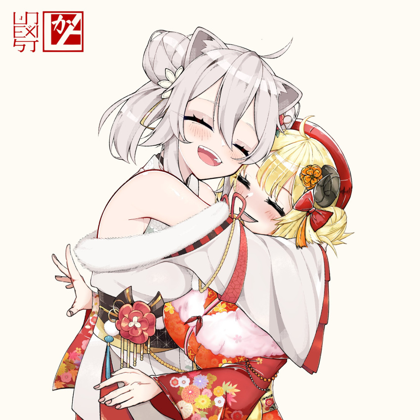 2girls ^_^ animal_ear_fluff animal_ears bow closed_eyes collaboration double_bun english_commentary hair_bow highres hololive horns hug japanese_clothes kimono lakart lion_ears lion_girl multiple_girls open_hand open_mouth red_bow red_headwear sheep_girl sheep_horns shishiro_botan smile tsunomaki_watame two_side_up unexistarts virtual_youtuber wide_sleeves yukata