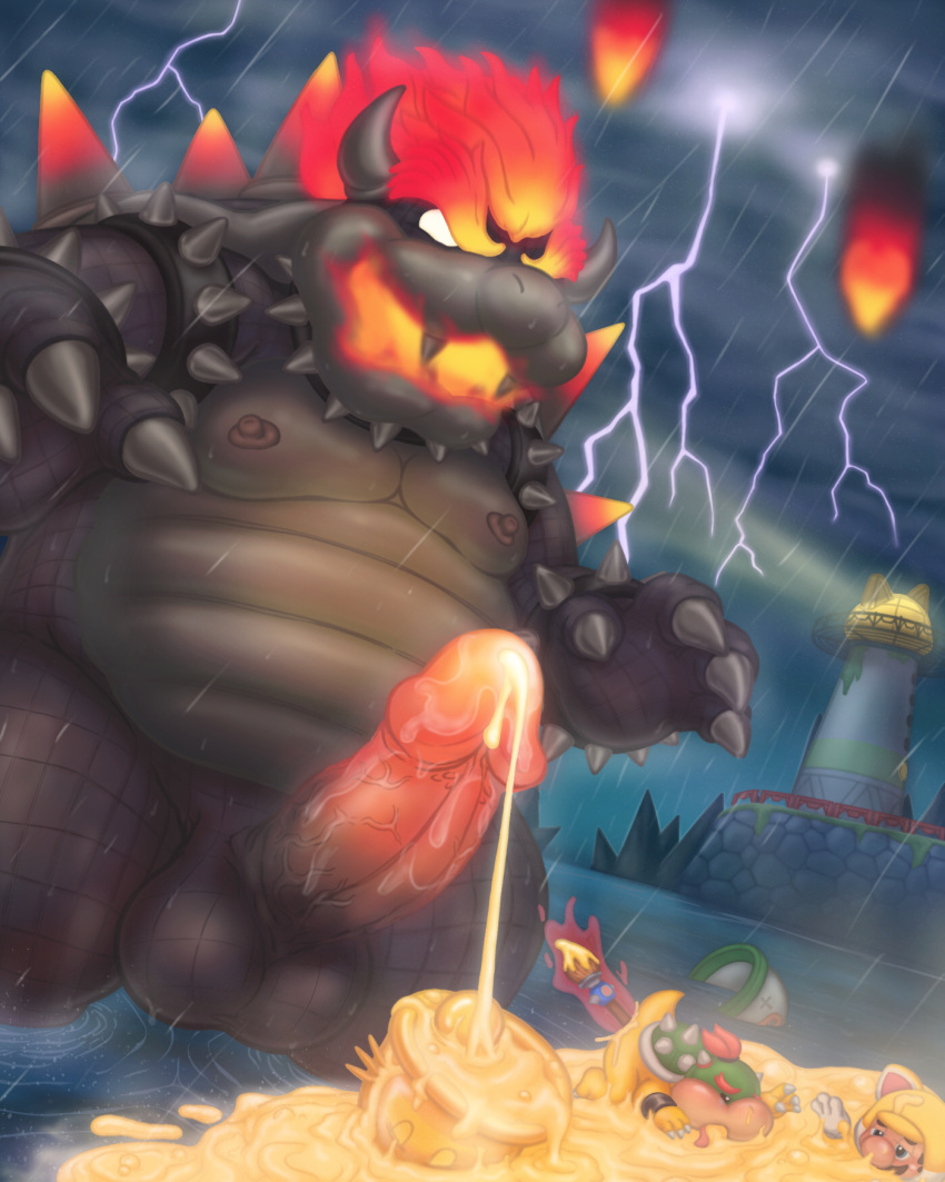 2021 4:5 anal anal_penetration anthro balls black_body blush bodily_fluids bowser bowser's_fury bowser_jr. cum detailed_background eedit erection fury_bowser genital_fluids genitals gigi_bell group hi_res kemono koopa male mario mario_bros moobs night nintendo nipples outside overweight overweight_male penetration penis raining reuben_(artist) scalie storm super_mario_3d_world uncensored video_games water young
