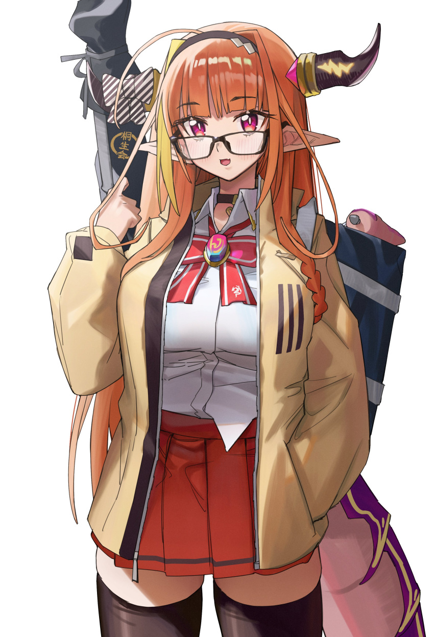1girl absurdres adapted_costume ahoge alternate_costume bag bespectacled black-framed_eyewear black_choker black_legwear blonde_hair blush bow breasts brooch choker collared_shirt cowboy_shot diagonal-striped_bow dragon_horns dragon_tail english_commentary eyebrows_visible_through_hair fang glasses hairband highres hololive horn_bow horns jacket jewelry kiryuu_coco large_breasts long_hair long_sleeves looking_at_viewer looking_over_eyewear miniskirt multicolored_hair neck_ribbon open_clothes open_jacket open_mouth orange_hair pleated_skirt pointy_ears red_eyes red_neckwear red_ribbon red_skirt ribbon school_bag shirt shirt_tucked_in simple_background skin_fang skirt smile solo streaked_hair tail thighhighs thighs two-tone_hair virtual_youtuber weapon_bag white_background white_shirt xiaoju_xiaojie yellow_jacket zettai_ryouiki