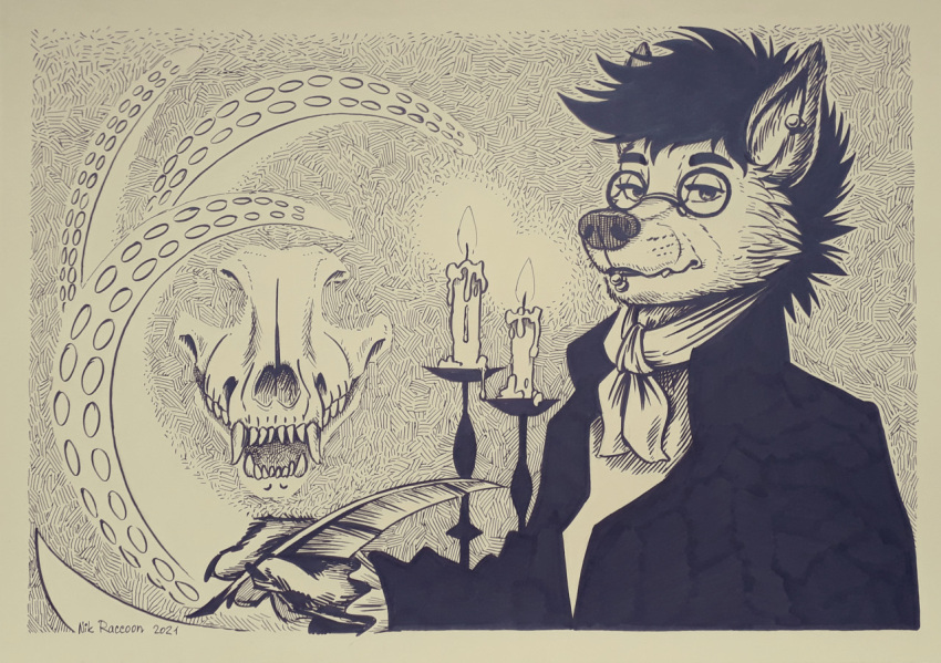 2021 anthro bone candle canid canine canis clothed clothing coat dated ear_piercing eyewear facial_piercing feather_pen feathers glasses hair half-length_portrait looking_at_viewer lovecraftian male mammal neckerchief nik159 pen pen_(artwork) piercing portrait signature skull solo tentacles topwear traditional_media_(artwork) wolf writing_(disambiguation)