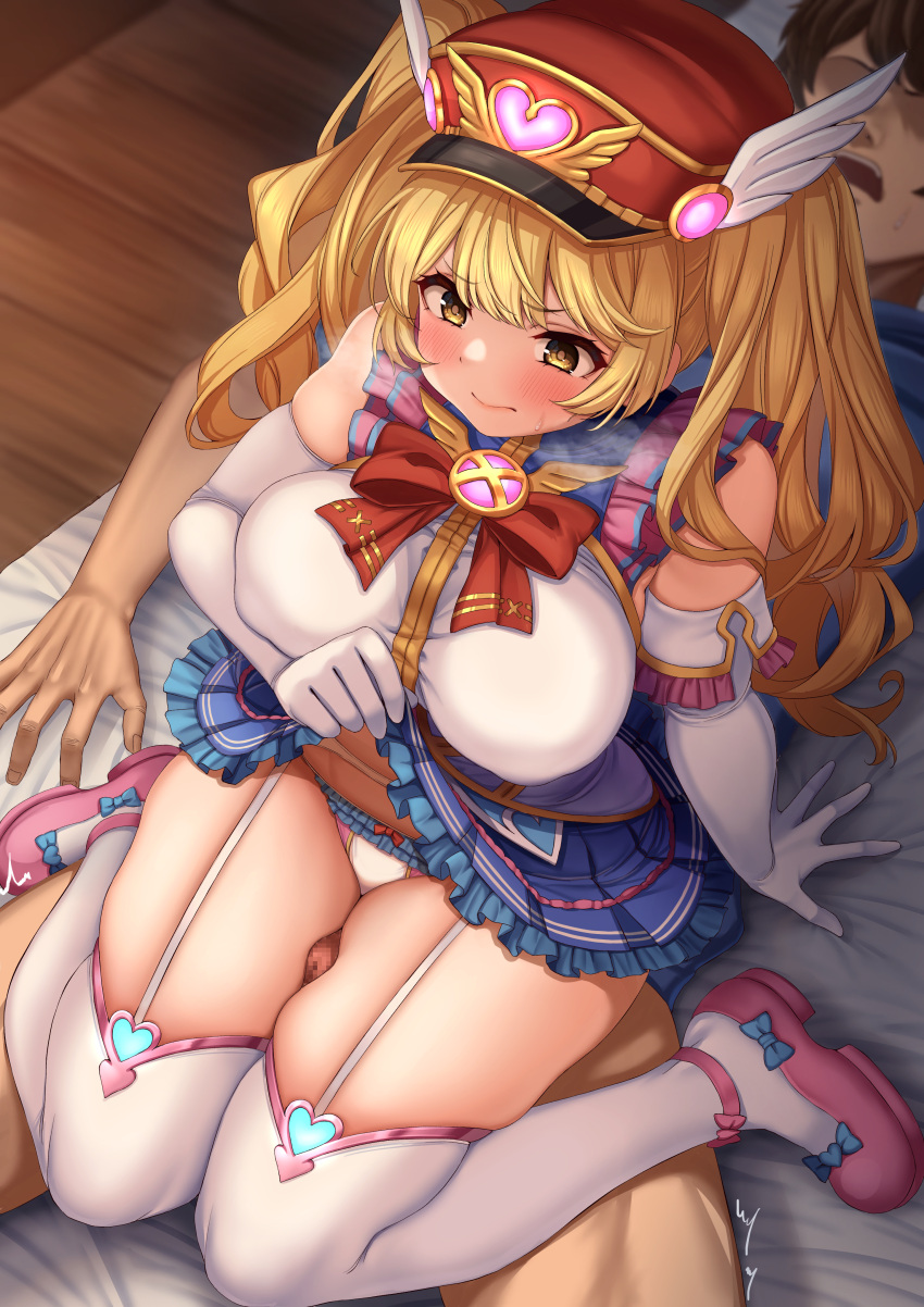 1girl absurdres bandaid bandaid_on_face bangs between_legs between_thighs blonde_hair blush breasts cygames eyebrows_visible_through_hair gran_(granblue_fantasy) granblue_fantasy hat hetero highres large_breasts long_hair looking_at_viewer momo_no_sukebe monika_weisswind open_mouth panties peaked_cap penis pleated_skirt princess_connect! shingeki_no_bahamut skirt thigh_sex thigh_strap thighhighs thighs twintails underwear wavy_hair