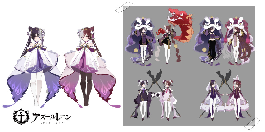 2girls azur_lane chao_ho_(azur_lane) chinese_clothes dragon dress eastern_dragon highres multicolored_hair multiple_girls multiple_views official_art pantyhose purple_dress purple_hair red_hair simple_background sketch two-tone_dress two-tone_hair white_dress white_hair white_legwear wide_sleeves ying_swei_(azur_lane) yyy_(zelda10010)