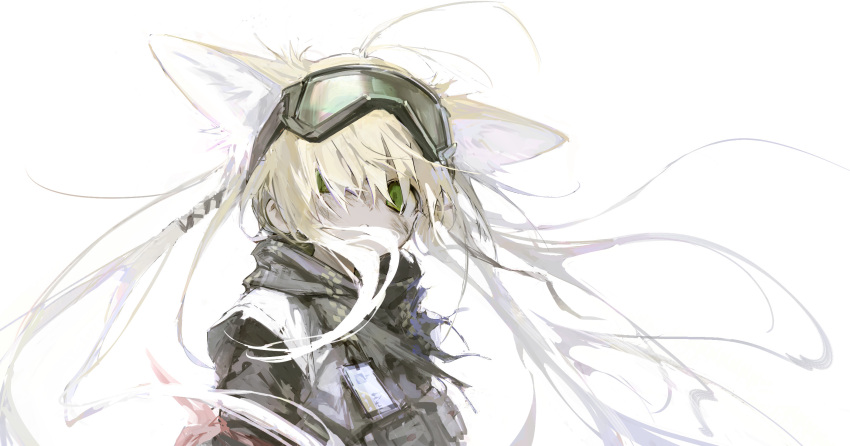 1girl animal_ears arknights bangs blonde_hair eyewear_on_head fox_ears goggles goggles_on_head green_eyes hair_between_eyes highres id_card long_hair looking_at_viewer scarf sho_(sho_lwlw) suzuran_(arknights) suzuran_(wasteland_blossom)_(arknights) white_background