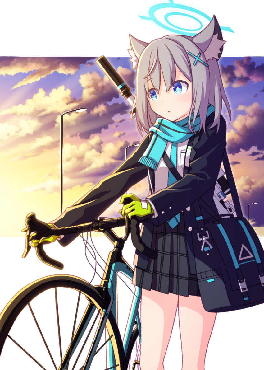 1girl :o absurdres animal_ear_fluff animal_ears bangs bicycle black_jacket blazer blue_archive blue_eyes blue_neckwear blue_scarf commentary_request eyebrows_visible_through_hair fringe_trim gloves green_gloves grey_hair grey_skirt ground_vehicle hair_between_eyes highres jacket lamppost long_sleeves looking_away necktie open_blazer open_clothes open_jacket parted_lips pleated_skirt sansei_rain scarf shiroko_(blue_archive) shirt sig_556 skirt solo sunset weapon weapon_on_back white_shirt