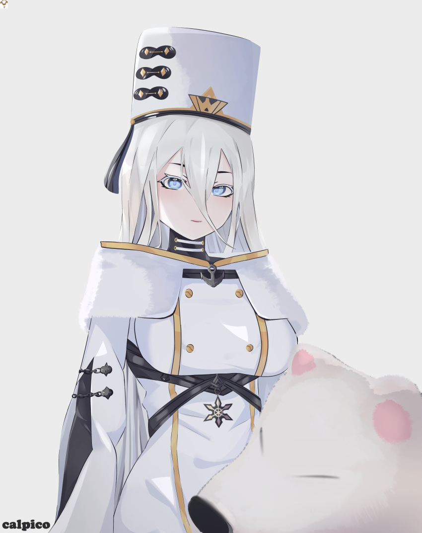 1girl absurdres anchor_symbol azur_lane bear blue_eyes breasts calpico capelet coat double-breasted fur_capelet hair_between_eyes highres large_breasts long_hair looking_at_viewer polar_bear simple_background solo sovetsky_soyuz_(azur_lane) white_background white_coat white_hair white_headwear