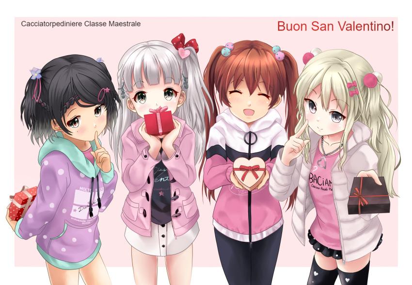 4girls anchor_hair_ornament anchor_necklace black_eyes black_hair black_legwear black_skirt blonde_hair brown_eyes brown_hair candy casual chocolate chocolate_heart closed_eyes food grecale_(kancolle) green_eyes hair_ornament happy_valentine heart highres jacket kantai_collection kuroneko86 libeccio_(kancolle) long_hair looking_at_viewer maestrale_(kancolle) mole mole_under_eye multiple_girls official_alternate_costume one_side_up open_mouth pants pink_shirt scirocco_(kancolle) shirt short_hair silver_hair skirt smile thighhighs twintails valentine wavy_hair white_skirt