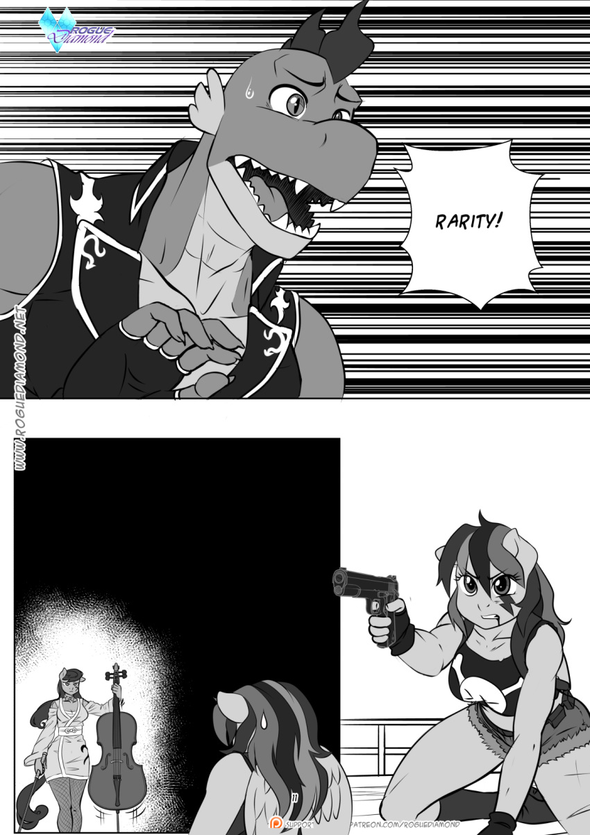 anthro anthrofied bodily_fluids bowed_string_instrument breasts cello clothed clothing comic dragon equid equine female friendship_is_magic gun hasbro hi_res holding_gun holding_object holding_weapon male mammal monochrome musical_instrument my_little_pony octavia_(mlp) pegasus pia-sama rainbow_dash_(mlp) ranged_weapon spike_(mlp) string_instrument sweat sweatdrop trio weapon wings