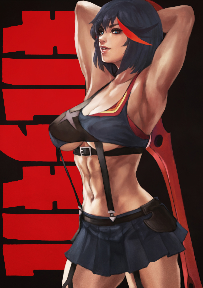 1girl abs absurdres adapted_costume armpits arms_behind_head black_background black_garter_straps black_hair black_skirt blue_eyes breasts cleavage crop_top eyelashes eyeshadow highlights highres holding holding_weapon kill_la_kill large_breasts lips looking_at_viewer makeup mascara matoi_ryuuko miniskirt monori_rogue multicolored_hair muscular muscular_female navel nose pleated_skirt red_hair scissor_blade senketsu short_hair sideways_glance skirt solo standing suspender_skirt suspenders underboob weapon weapon_on_back