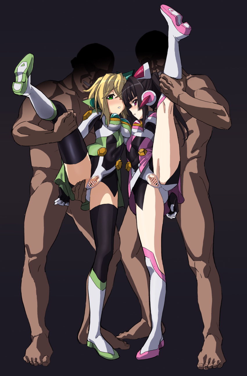 2boys 2girls absurdres akatsuki_kirika ass black_background black_hair black_legwear black_leotard blonde_hair blush boots breasts covered_navel full_body gradient gradient_background green_eyes hetero highres inai_uchi knee_boots leg_grab leotard medium_breasts multiple_boys multiple_girls no_panties open_mouth pink_eyes pussy pussy_cutout senki_zesshou_symphogear shiny shiny_hair short_hair simple_background spread_legs thighhighs tsukuyomi_shirabe white_legwear