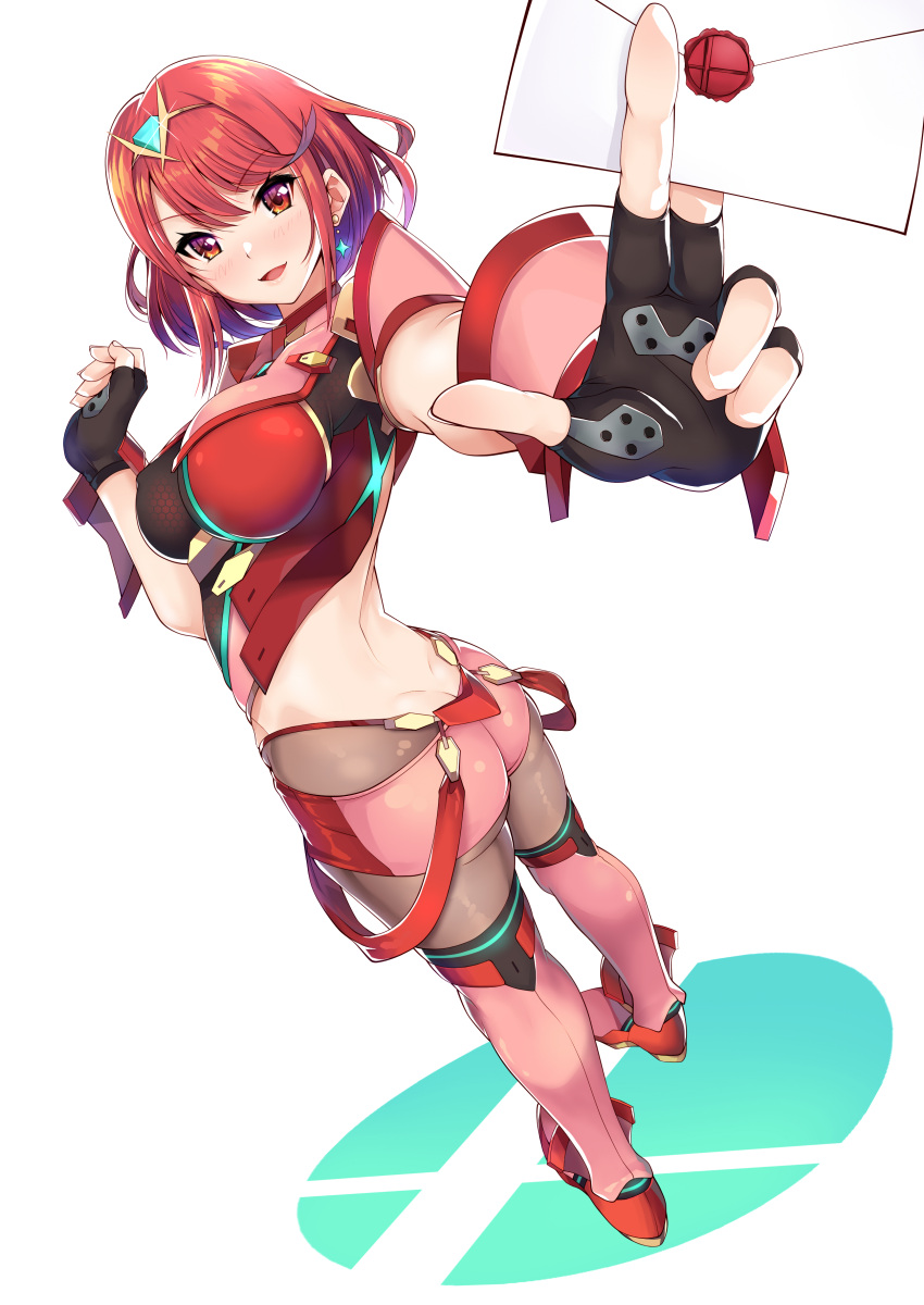 1girl absurdres bangs black_gloves breasts chest_jewel daive earrings fingerless_gloves full_body gloves highres jewelry large_breasts pantyhose pyra_(xenoblade) red_hair red_legwear red_shorts short_hair short_shorts shorts smash_invitation standing super_smash_bros. swept_bangs thighhighs tiara xenoblade_chronicles_(series) xenoblade_chronicles_2