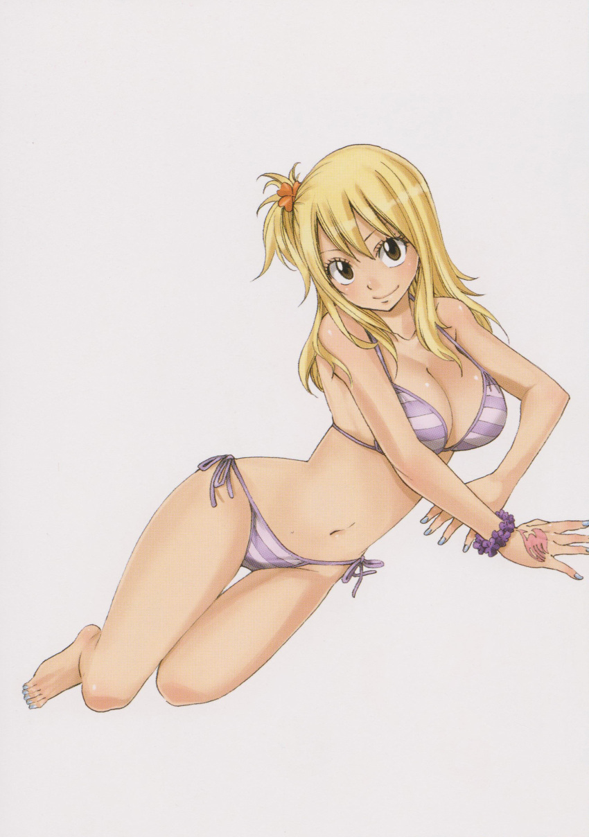1girl absurdres artbook bikini black_eyes blonde_hair breasts cleavage color_halftone fairy_tail highres large_breasts looking_at_viewer lucy_heartfilia mashima_hiro navel official_art scan shiny shiny_skin simple_background smile solo striped striped_bikini swimsuit white_background