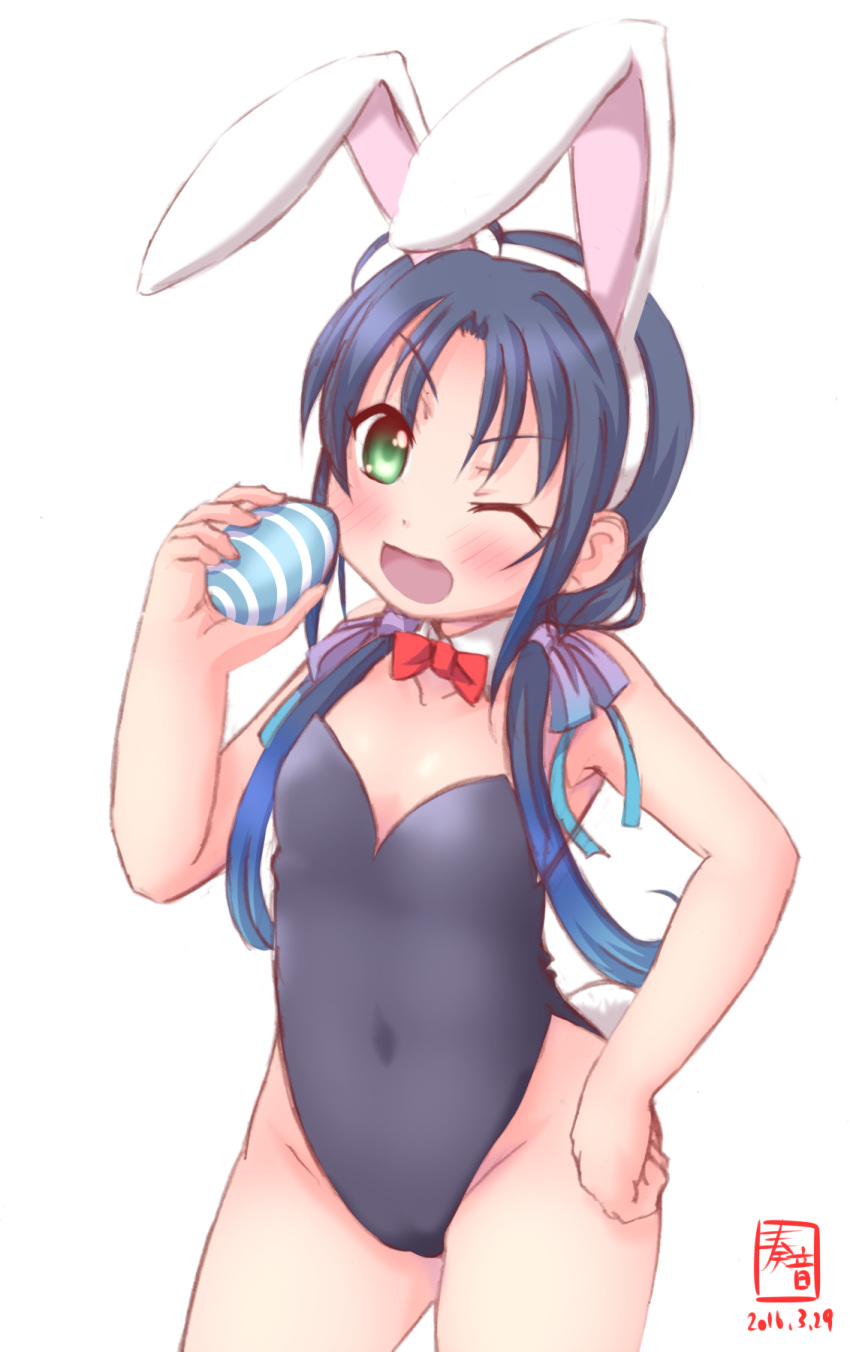 1girl alternate_costume animal_ears artist_logo black_leotard blue_hair bow bowtie bunny_ears bunny_tail cameltoe commentary_request covered_navel dated detached_collar egg flat_chest green_eyes groin highres kanon_(kurogane_knights) kantai_collection leotard long_hair looking_at_viewer low_twintails one_eye_closed open_mouth playboy_bunny ribbon simple_background smile solo suzukaze_(kancolle) tail twintails white_background
