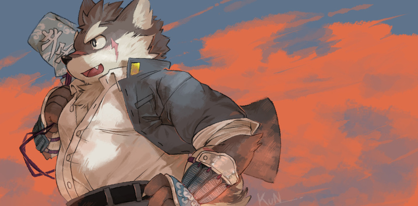 anthro armor bracers canid canine canis clothing domestic_dog fur hi_res kemono kun_(artist) landscape male mammal moritaka multicolored_body open_mouth overweight overweight_anthro overweight_male scar slightly_chubby solo tokyo_afterschool_summoners two_tone_body unbuttoned_shirt video_games weapon_on_shoulder
