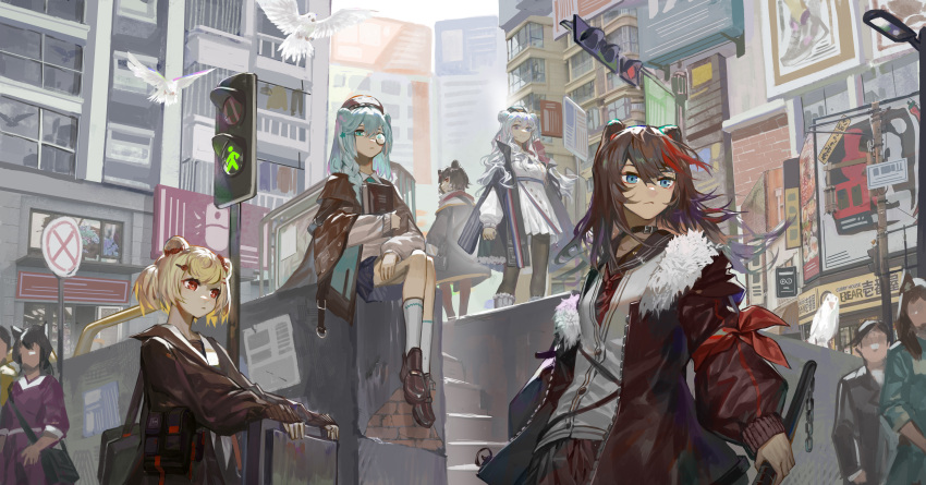 absurdres animal_ears arknights bear_ears bird blonde_hair blue_eyes blue_hair book brown_hair city clay_(1517036882) gummy_(arknights) hat highres istina_(arknights) leto_(arknights) long_hair monocle pantyhose red_eyes road_sign rosa_(arknights) sailor_collar sign silver_hair sitting skirt traffic_light twintails zima_(arknights)