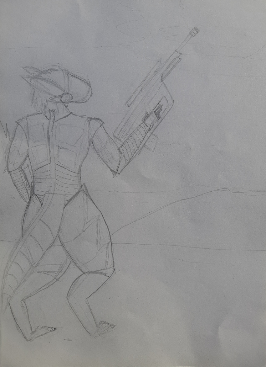 absurd_res anthro armazi armor armor_plates cloud digitigrade dipstick_tail gun hi_res holding_object holding_weapon machine male mechanical_arm mechanical_leg mechanical_limbs mechanical_tail mountain multicolored_tail planet protogen ranged_weapon rear_view rifle sketch sniper_rifle solo traditional_media_(artwork) vani2h wasteland weapon