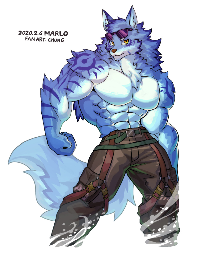 2021 abs anthro biceps bottomwear canid canine canis chung0_0 clothed clothing digital_media_(artwork) fur hi_res male mammal muscular muscular_anthro muscular_male pecs solo topless topless_male wolf wolfmalro