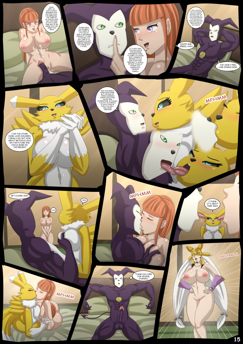 bed bedroom big_breasts big_penis bodily_fluids breasts canid canine cum cum_in_pussy cum_inside digimon digimon_(species) female fox furniture genital_fluids genitals hair hi_res imp impmon kissing magnificentsexygals male mammal nude penis red_hair renamon rika_nonaka sakuyamon
