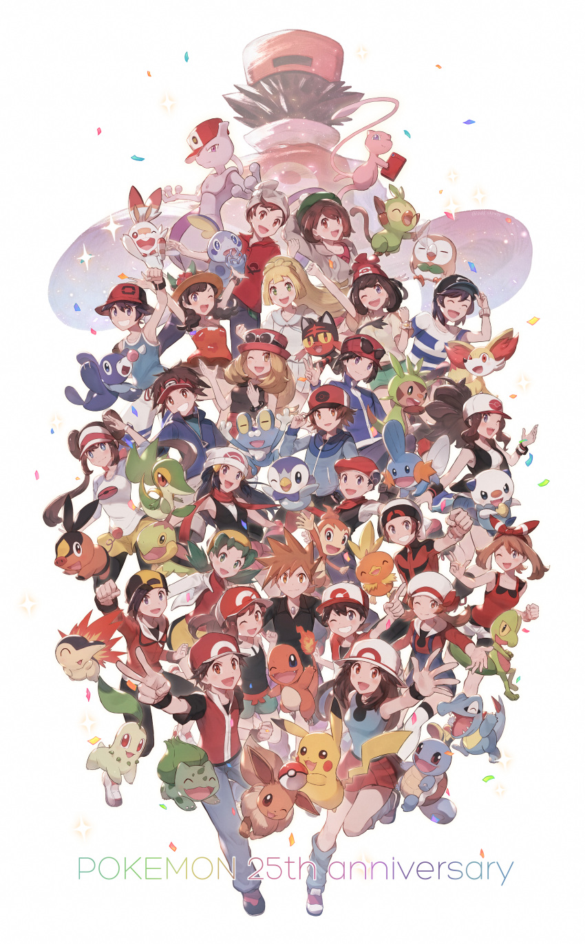 6+boys 6+girls :d ;d absurdres anniversary arm_up backwards_hat bangs baseball_cap beanie black_shirt blonde_hair blue_oak blue_shirt bow_hairband bracelet brendan_(pokemon) brown_hair bulbasaur calem_(pokemon) cardigan charmander chase_(pokemon) chespin chikorita chimchar clenched_hand closed_mouth commentary_request confetti copyright_name cyndaquil dawn_(pokemon) double_bun eevee elaine_(pokemon) elio_(pokemon) ethan_(pokemon) fennekin froakie gen_1_pokemon gen_2_pokemon gen_3_pokemon gen_4_pokemon gen_5_pokemon gen_6_pokemon gen_7_pokemon gen_8_pokemon gloria_(pokemon) green_eyes green_hair green_headwear grey_cardigan grey_headwear grin grookey hair_ornament hairband hairclip hand_on_headwear hat hat_ribbon highres hilbert_(pokemon) hilda_(pokemon) huge_filesize jewelry kris_(pokemon) leaf_(pokemon) leg_warmers legendary_pokemon lillie_(pokemon) litten long_hair looking_at_viewer lucas_(pokemon) lyra_(pokemon) may_(pokemon) mew mewtwo mudkip multiple_boys multiple_girls mythical_pokemon nate_(pokemon) necklace odd_(hin_yari) one_eye_closed open_mouth orange_shirt oshawott pants pantyhose pikachu piplup pleated_skirt pokemon pokemon_(creature) pokemon_(game) pokemon_bw pokemon_bw2 pokemon_dppt pokemon_frlg pokemon_gsc pokemon_hgss pokemon_lgpe pokemon_oras pokemon_rgby pokemon_sm pokemon_swsh pokemon_usum pokemon_xy ponytail popplio raglan_sleeves red_(pokemon) red_hairband red_headwear red_scarf red_shirt red_skirt ribbon rosa_(pokemon) rowlet scarf scorbunny selene_(pokemon) serena_(pokemon) shirt shoes short_sleeves shorts sidelocks skirt sleeveless sleeveless_shirt smile snivy sobble spiked_hair squirtle tam_o'_shanter tepig torchic totodile treecko turtwig twintails v victor_(pokemon) visor_cap w white_background white_headwear wristband yellow_shorts |d