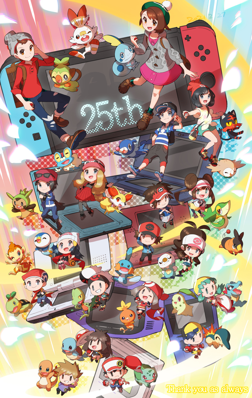 6+boys 6+girls :d absurdres anniversary antenna_hair backpack badge bag bangs baseball_cap beanie black-framed_eyewear black_hair black_shirt blue_jacket blue_oak boots bracelet brendan_(pokemon) brown_bag brown_eyes brown_footwear brown_hair bulbasaur buttons calem_(pokemon) capri_pants cardigan chespin chikorita chimchar commentary_request cyndaquil dawn_(pokemon) double_bun dress elio_(pokemon) ethan_(pokemon) fennekin floating_hair floating_scarf froakie game_boy game_boy_advance game_boy_color gen_1_pokemon gen_2_pokemon gen_3_pokemon gen_4_pokemon gen_5_pokemon gen_6_pokemon gen_7_pokemon gen_8_pokemon gloria_(pokemon) green_(pokemon) green_hair green_headwear green_legwear green_shorts grey_eyes grin grookey hair_ornament hairclip hand_on_headwear handheld_game_console hat highres hilbert_(pokemon) hilda_(pokemon) holding holding_poke_ball jacket jewelry kris_(pokemon) litten long_hair lucas_(pokemon) may_(pokemon) mudkip multiple_boys multiple_girls nate_(pokemon) nintendo_3ds nintendo_ds nintendo_switch open_mouth oshawott outstretched_arm pants pink_footwear piplup pleated_skirt poke_ball pokemon pokemon_(creature) pokemon_(game) pokemon_bw pokemon_bw2 pokemon_dppt pokemon_gsc pokemon_lgpe pokemon_rgby pokemon_rse pokemon_sm pokemon_swsh pokemon_xy popplio purple_shirt red_(pokemon) red_bandana red_headwear red_scarf red_shirt red_skirt rosa_(pokemon) rowlet scarf scorbunny selene_(pokemon) serena_(pokemon) shirt shoes short_sleeves shorts skirt smile snivy sobble socks spiked_hair squirtle starter_pokemon striped striped_shirt sunglasses taisa_(lovemokunae) tam_o'_shanter tepig thank_you tied_shirt tongue torchic totodile treecko turtwig twintails victor_(pokemon) visor_cap white_headwear