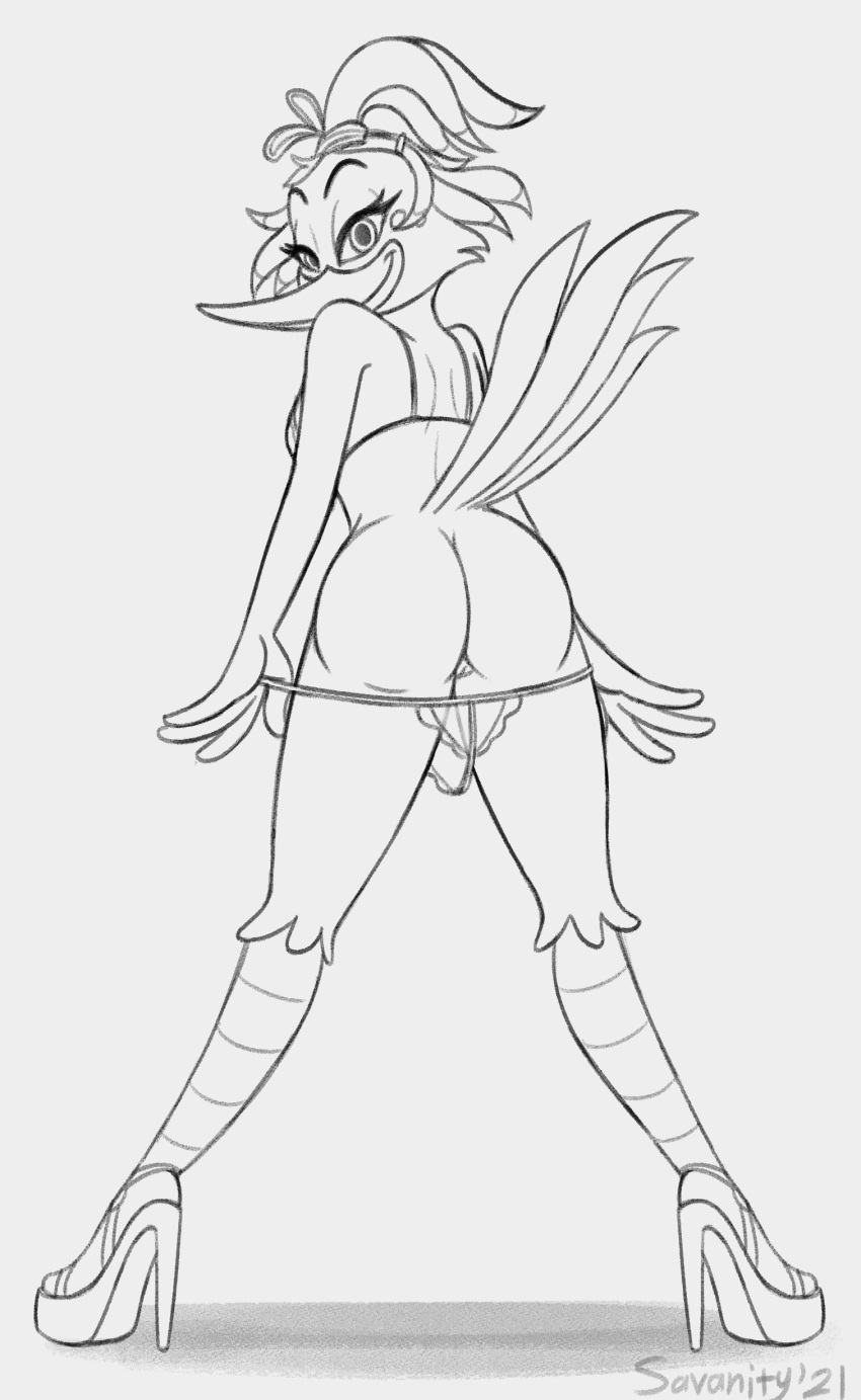 absurd_res avian bird bra clothed clothing feathers female footwear hi_res high_heels long_legs looking_back panties picid savanity shoes skimpy spread_legs spreading stripper striptease tail_feathers tall thong underwear undressing woodpecker