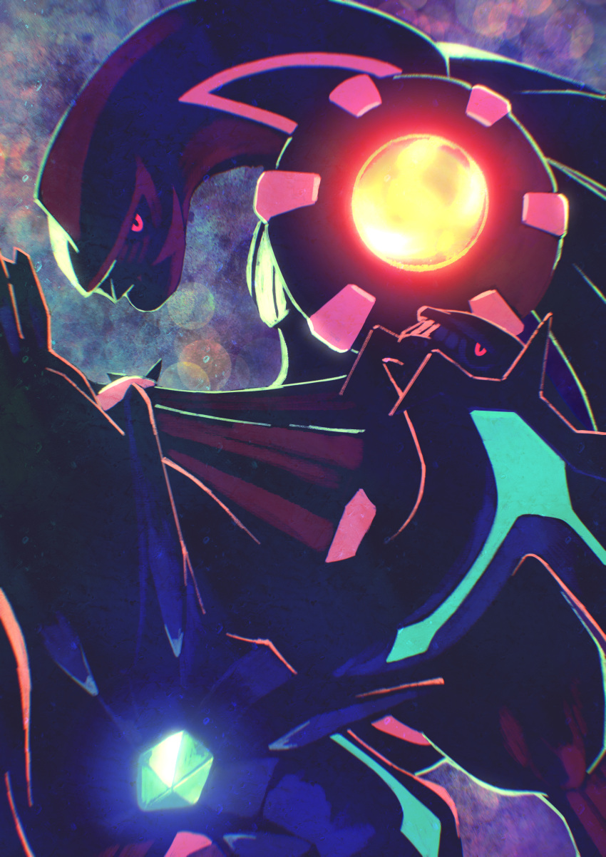 absurdres commentary dialga gem gen_4_pokemon glowing glowing_eyes glowing_markings higa-tsubasa highres huge_filesize legendary_pokemon lens_flare looking_at_viewer no_humans palkia pink_eyes pokemon pokemon_(creature) space