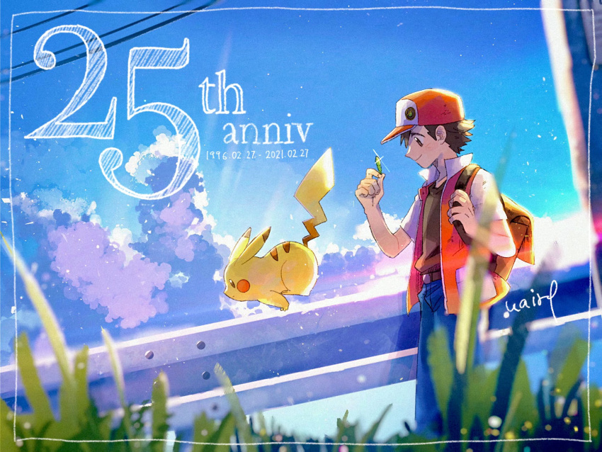 1boy anniversary backpack bag bangs baseball_cap brown_bag closed_mouth cloud commentary_request dated day framed from_below gen_1_pokemon glint grass hand_up hanenbo hat highres holding holding_strap jacket looking_at_object male_focus outdoors pikachu pokemon pokemon_(creature) pokemon_(game) pokemon_rgby red_(pokemon) short_sleeves signature sky smile
