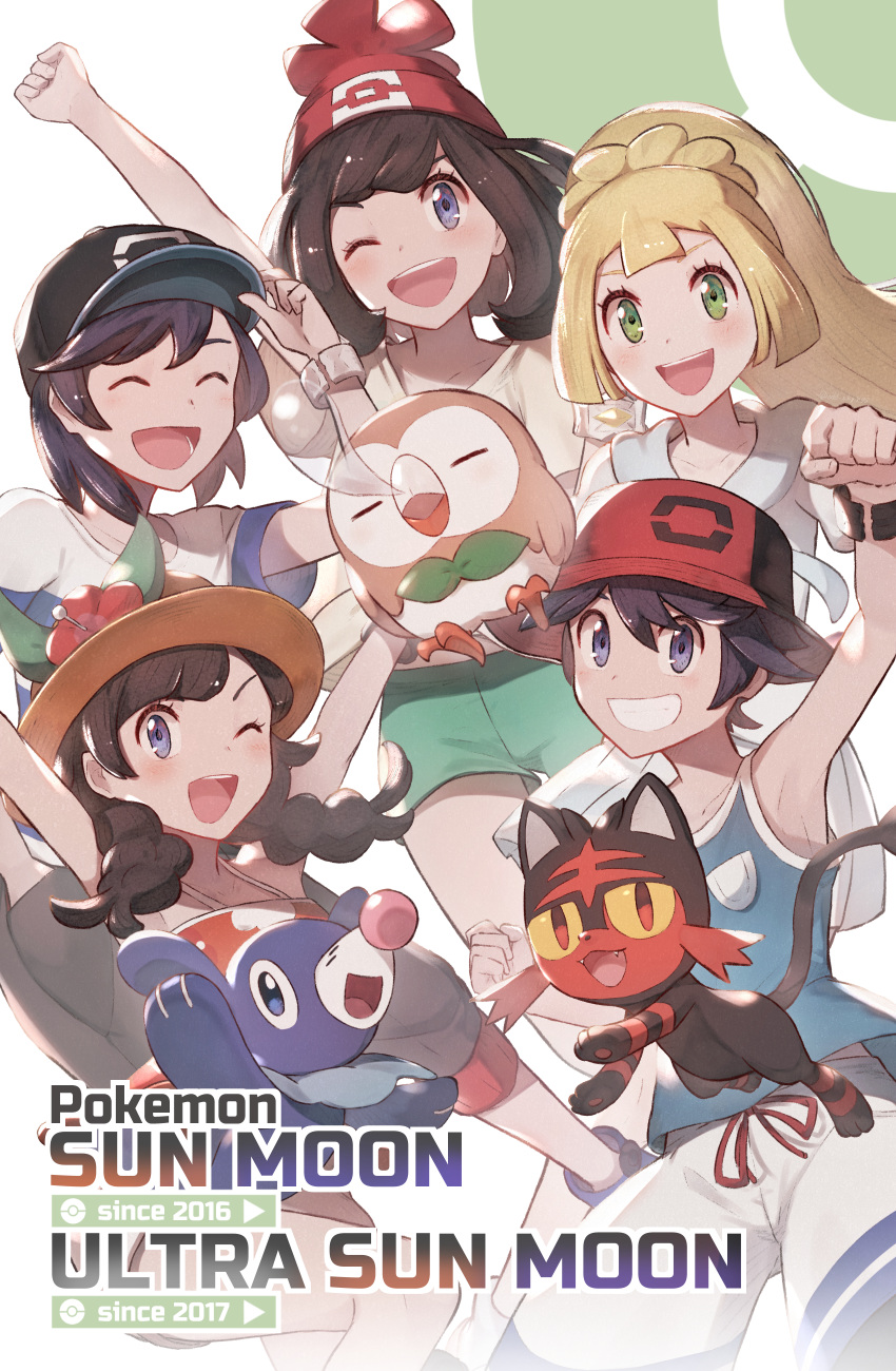 2boys 3girls :d ;d absurdres arm_up armpits arms_up beanie blonde_hair blue_shirt blush brown_hair clenched_hands commentary_request copyright_name elio_(pokemon) eyelashes flower gen_7_pokemon green_eyes green_shorts grey_eyes grin hat hat_flower highres lillie_(pokemon) litten long_hair multiple_boys multiple_girls nose_bubble odd_(hin_yari) one_eye_closed open_mouth pokemon pokemon_(creature) pokemon_(game) pokemon_sm pokemon_usum ponytail popplio red_headwear rowlet selene_(pokemon) shirt short_sleeves shorts smile starter_pokemon_trio striped striped_shirt t-shirt teeth tongue |d