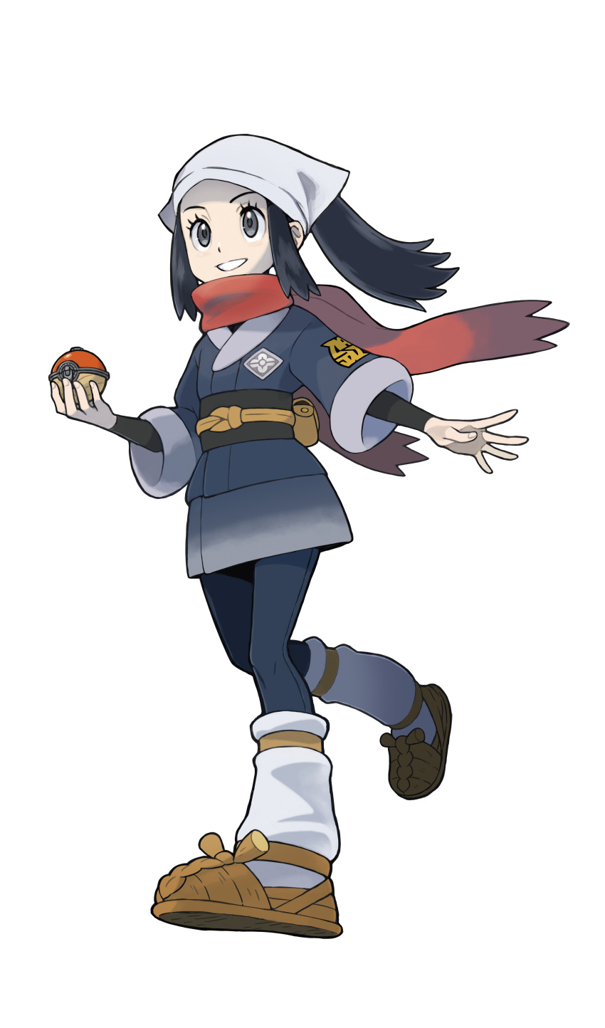 1girl absurdres artist_request black_hair blue_kimono blue_legwear blush brown_footwear eyelashes female_protagonist_(pokemon_legends:_arceus) flat_chest full_body grey_eyes hand_up happy head_scarf highres holding holding_poke_ball huge_filesize japanese_clothes kimono leg_up leggings light_blush long_hair looking_at_viewer obi official_art outline outstretched_arm poke_ball poke_ball_(legends) pokemon pokemon_(game) pokemon_legends:_arceus ponytail pouch red_scarf sandals sash scarf sidelocks skin_tight smile socks solo standing standing_on_one_leg teeth third-party_source tied_hair transparent_background undershirt walking white_headwear white_legwear white_outline