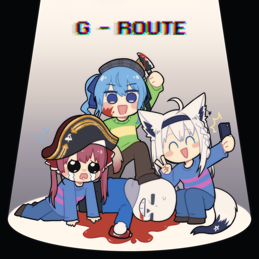 3girls absurdres ahoge animal_ears blue_hair cellphone chara_(undertale) chara_(undertale)_(cosplay) cosplay crying fox_ears fox_tail frisk_(undertale) frisk_(undertale)_(cosplay) hairband hat highres hololive hoshimachi_suisei houshou_marine ketchup ketchup_bottle knife multiple_girls nekotaririn phone pirate_hat red_hair sans self_shot shirakami_fubuki side_ponytail skeleton smartphone spotlight stepped_on tail undertale v white_hair