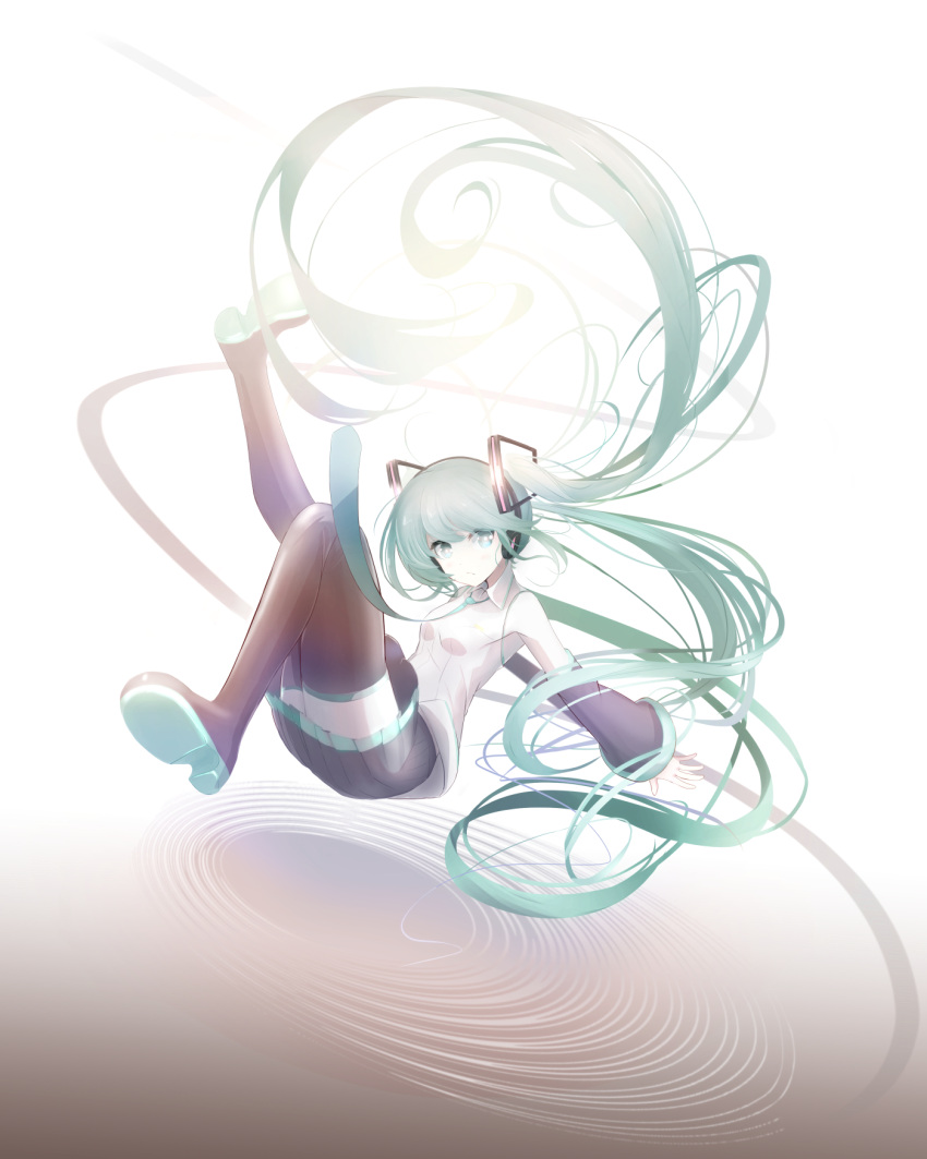 1girl abstract_background absurdly_long_hair boots collared_shirt commentary detached_sleeves dress floating floating_hair full_body green_eyes green_hair hair_ornament hatsune_miku headphones highres leg_up long_hair looking_at_viewer necktie pleated_skirt shirt skirt sleeveless sleeveless_dress solo tatatazinn thigh_boots thighhighs twintails very_long_hair vocaloid