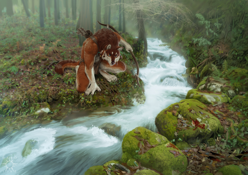 2021 anthro brown_body brown_fur canid canine canis day detailed_background digital_media_(artwork) forest fur grass hi_res kero_tzuki male mammal moss outside plant river sky solo tree wolf