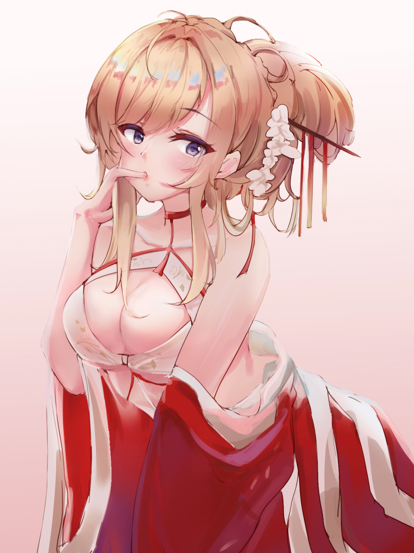 1girl absurdres azur_lane bare_shoulders blonde_hair breasts chinese_clothes chinese_new_year choker cleavage cleavage_cutout clothing_cutout dress flower glorious_(azur_lane) glorious_(pungent_plum)_(azur_lane) hair_flower hair_ornament hair_stick highres large_breasts neckwear official_alternate_costume open_clothes open_dress pink_background purple_eyes red_choker red_dress simple_background solo tied_hair usagi_(786113654) white_flower wide_sleeves