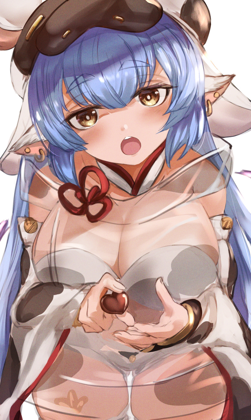 1girl absurdres animal_costume animal_ears animal_print bikini candy chocolate chocolate_heart cow_costume cow_ears cow_girl cow_hat cow_hood cow_horns cow_print cow_tail detached_collar draph ear_piercing fake_animal_ears food granblue_fantasy heart highres horns maou_(maoudaisukiya) micro_shorts piercing shatola_(granblue_fantasy) sheer_clothes shorts swimsuit tail unbuttoned_shorts valentine white_bikini white_shorts