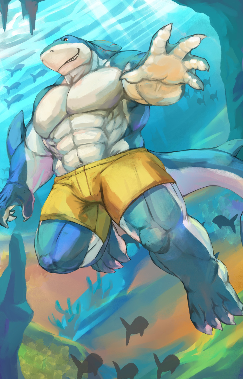 abs absurd_res amber_eyes anthro biceps big_muscles blue_body blue_skin bottomwear cinna-tree claws clothing detailed_background fish hi_res male marine muscular muscular_anthro muscular_male pecs red_eyes shark sharp_claws sharp_teeth shorts smile smirk solo teeth underwater water white_body white_skin