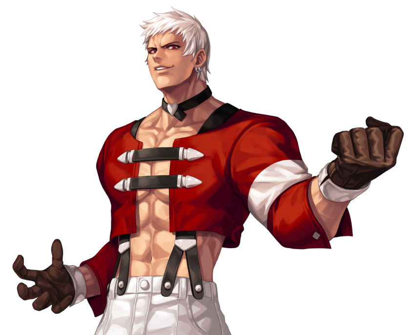 1boy abs bangs black_choker brown_gloves choker clenched_hand collarbone commentary_request cowboy_shot cropped_jacket earrings evilgun gloves heart heart_choker highres jacket jewelry looking_at_viewer male_focus muscular muscular_male nanakase_yashiro navel pants pectorals red_eyes red_jacket short_hair sidepec simple_background smile solo standing suspenders the_king_of_fighters the_king_of_fighters_'97 veins white_background white_hair white_pants
