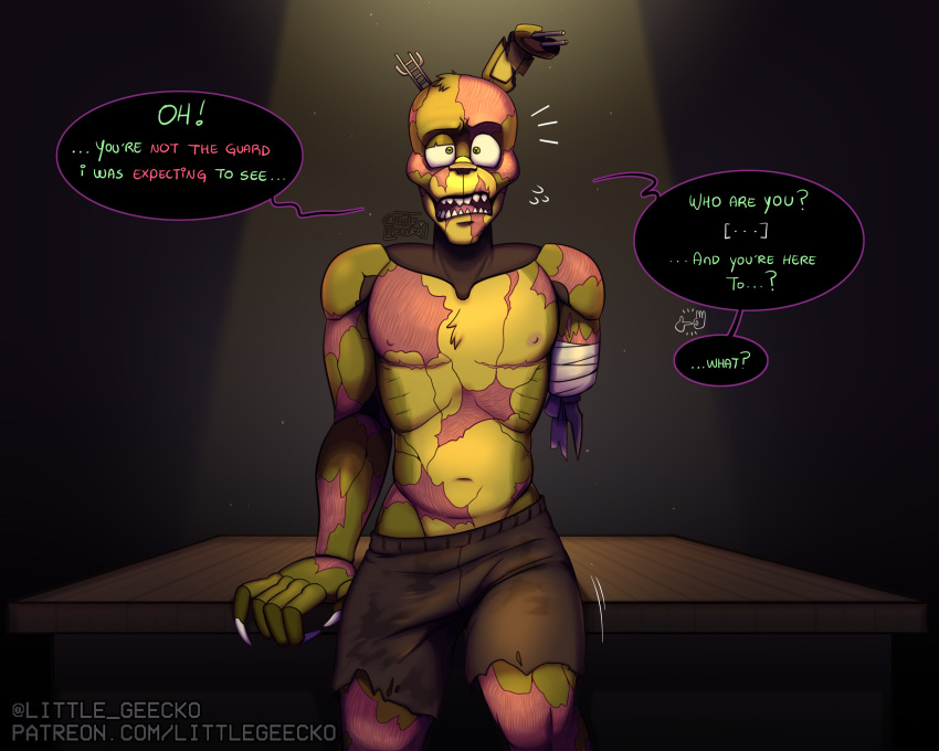 ! ... 1_arm 2021 ? animatronic anthro areola bandage bodily_fluids bottomwear brown_nose chest_tuft claws clothed clothing dialogue english_text five_nights_at_freddy's freddy_fazbear's_pizzeria_simulator fur furniture green_body green_eyes green_skin hi_res inside lagomorph leporid light littlegeecko long_ears machine male mammal motion_lines multicolored_body multicolored_skin navel nipples notched_ear one_eye_half-closed open_mouth pecs pink_tongue question rabbit rib_cage robot scar scraptrap_(fnaf) sharp_claws sharp_teeth shorts skinny solo speech_bubble standing sweat table teeth text tongue topless topless_anthro topless_male torn_arm torn_body torn_clothing torn_face torn_leg torn_skin tuft two_tone_body two_tone_skin video_games yellow_body yellow_ears yellow_fur
