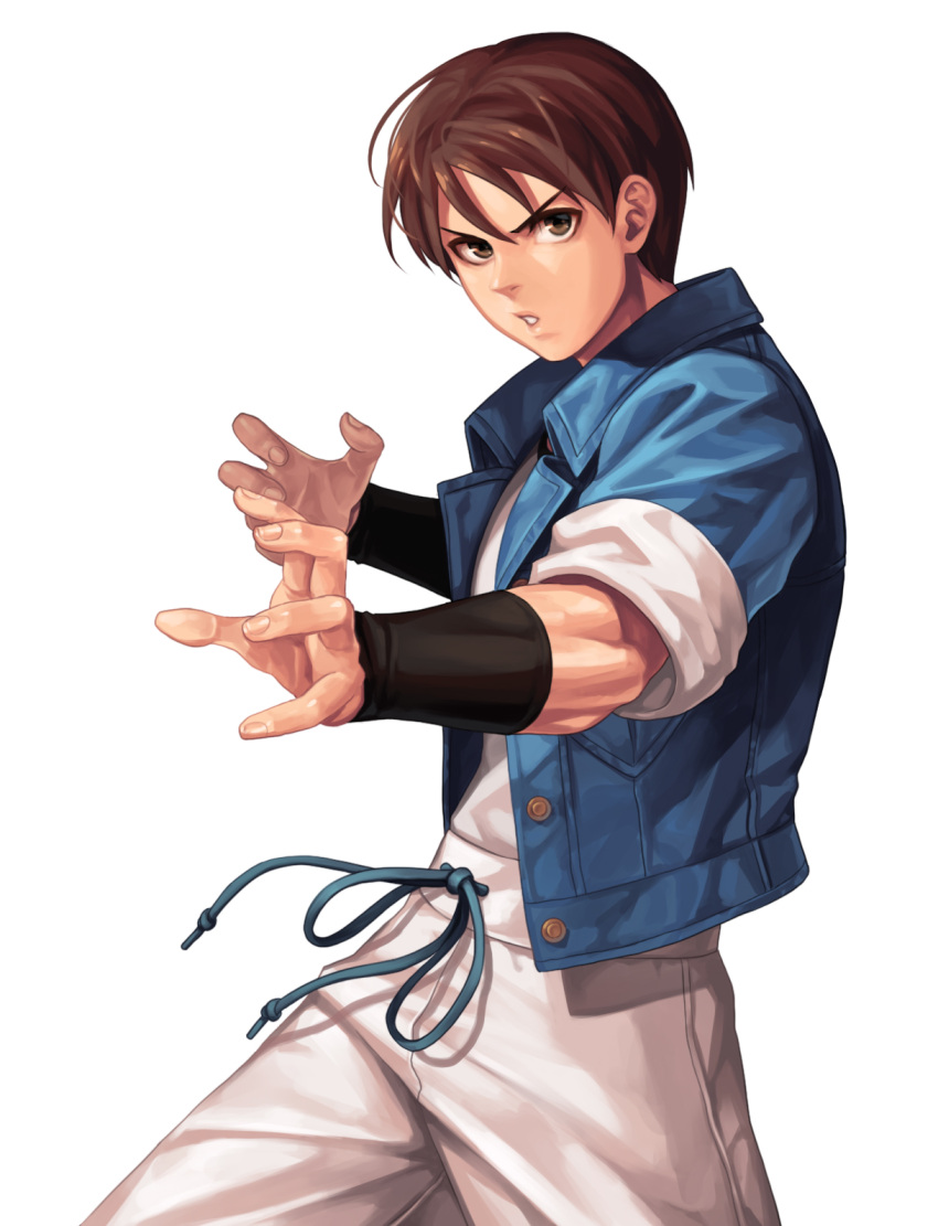 1boy bangs blue_jacket brown_eyes brown_hair commentary_request evilgun fighting_stance fingernails hair_between_eyes highres jacket looking_at_viewer male_focus open_clothes open_jacket pants parted_lips serious shiny shiny_hair shirt shirt_tucked_in short_hair sie_kensou simple_background solo standing the_king_of_fighters the_king_of_fighters_'97 v-shaped_eyebrows white_background white_pants white_shirt wristband