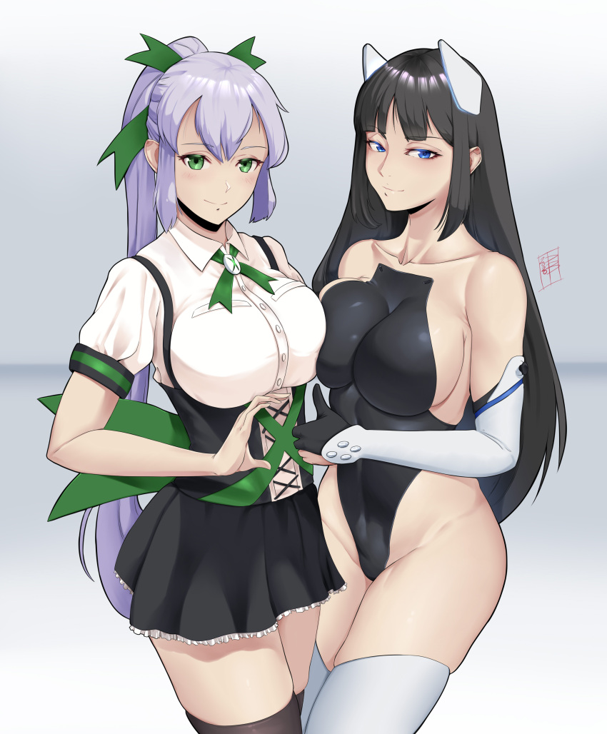 2girls absurdres asymmetrical_docking bangs bare_shoulders black_gloves black_legwear black_leotard black_skirt blue_eyes blush breast_pocket breast_press breasts closed_mouth collared_shirt console_war damodar dress_shirt elbow_gloves eyebrows_visible_through_hair frilled_skirt frills gloves green_eyes green_ribbon hair_between_eyes hair_ribbon headgear heart_hand_thumb_up_duo high-waist_skirt highleg highleg_leotard highres large_breasts leotard long_hair looking_at_viewer microsoft miniskirt multiple_girls parted_bangs partially_fingerless_gloves personification pocket ponytail ps5_chan puffy_short_sleeves puffy_sleeves ribbon shirt short_sleeves sidelocks silver_hair skindentation skirt smile sony strapless strapless_leotard suspender_skirt suspenders thighhighs thumbs_up very_long_hair white_legwear white_shirt xbox_series_x_(personification) zettai_ryouiki