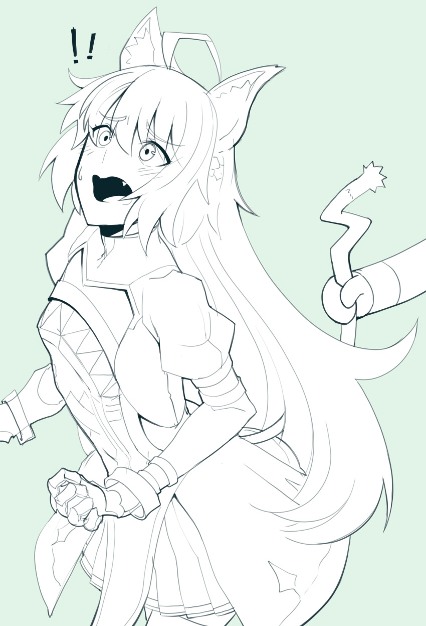 1girl absurdres ahoge animal_ears atalanta_(fate) boa_(brianoa) breasts cat_ears cat_tail eyebrows_visible_through_hair fate/apocrypha fate_(series) gloves highres long_hair monochrome open_mouth simple_background solo surprised tail tail_grab very_long_hair