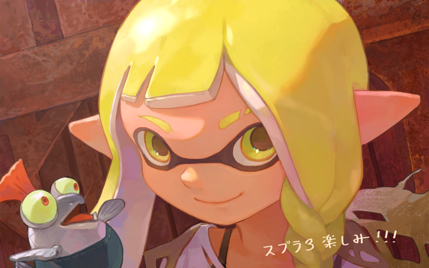 1girl asymmetrical_hair ayakii bangs blonde_hair blunt_bangs braid bulging_eyes closed_mouth colored_sclera domino_mask eyebrow_cut highres inkling long_hair mask pointy_ears portrait salmonid single_braid single_tooth smallfry_(splatoon) smile splatoon_(series) splatoon_3 tentacle_hair torn_clothes yellow_eyes yellow_sclera