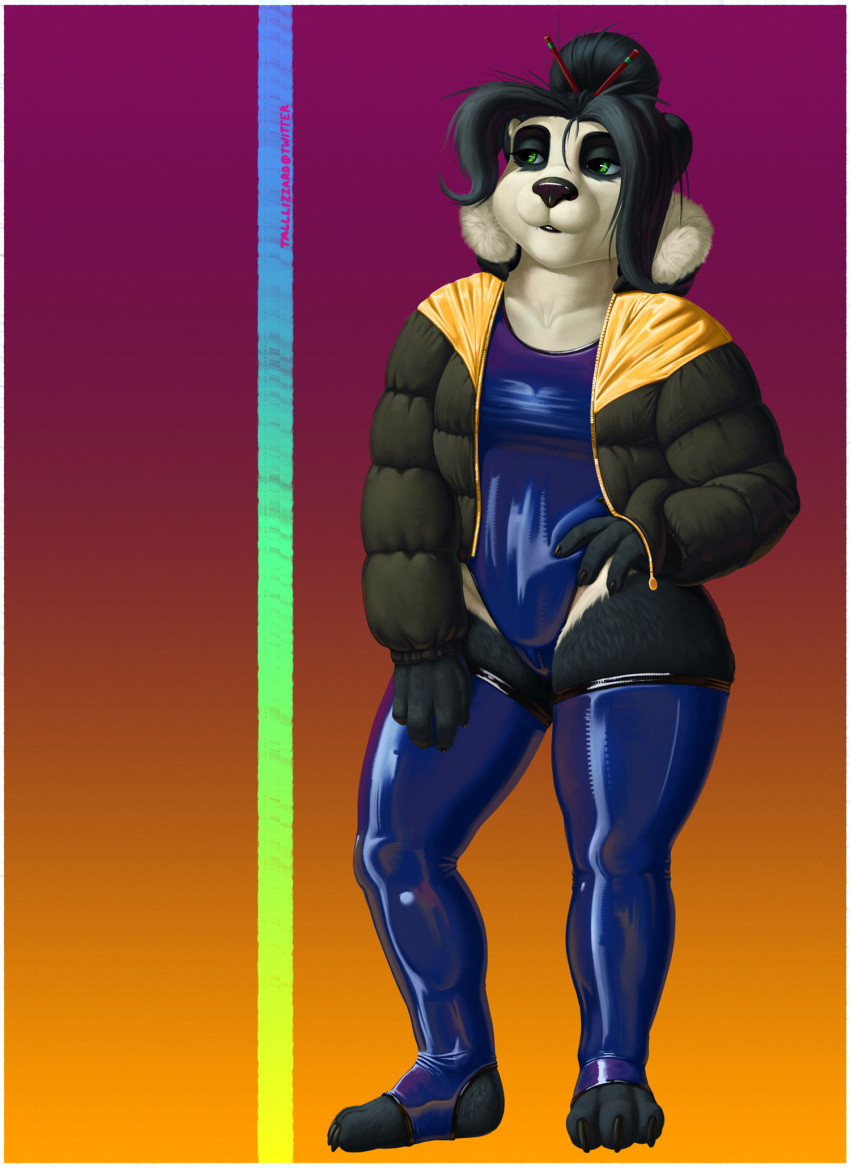 anthro blizzard_entertainment clothed clothing digital_media_(artwork) female fur hair hi_res jacket latex_clothing latex_legwear leggings legwear mammal pandaren rubber rubber_suit simple_background skinsuit solo tall_lizzard_(artist) thick_thighs thigh_highs tight_clothing topwear ursid video_games warcraft wide_hips