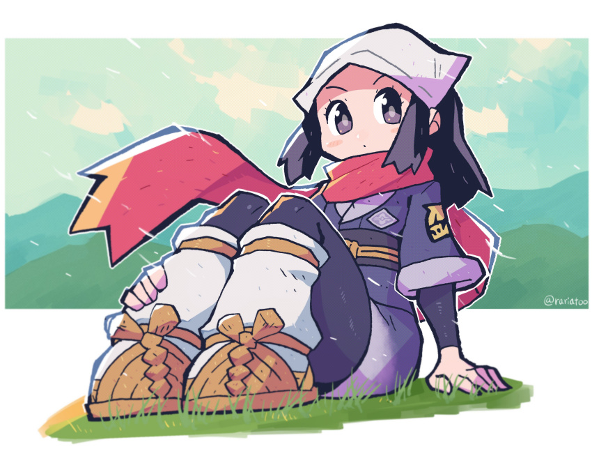 1girl absurdres arm_support artist_name black_hair blush_stickers female_protagonist_(pokemon_legends:_arceus) grass head_scarf highres japanese_clothes legs_together looking_at_viewer pokemon pokemon_(game) pokemon_legends:_arceus rariatto_(ganguri) red_scarf sandals scarf sitting solo twitter_username