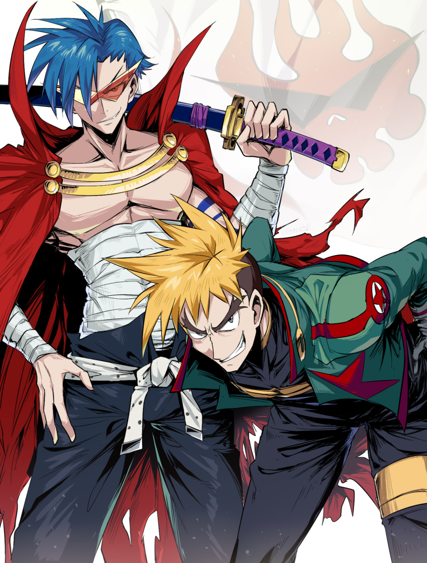 2boys arm_tattoo belt bent_over blonde_hair blue_eyes breasts cape english_commentary flag green_jacket grin highres holding holding_sword holding_weapon jacket kamina_(ttgl) kamina_shades katana kittan_bachika male_focus manly multicolored_hair multiple_boys open_fly pectorals popped_collar red-tinted_eyewear red_cape red_eyes rimless_eyewear sarashi sheath sheathed shimure_(460) shirtless smile spiked_hair sword tattoo tengen_toppa_gurren_lagann thick_eyebrows time_paradox torn_cape torn_clothes two-tone_hair undercut weapon white_belt